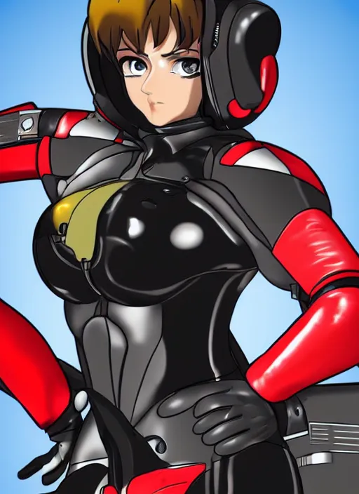 Image similar to Portrait of a female mech pilot in a black latex bodysuit, anime, cel-shaded, highly detailed, monotone, red highlights