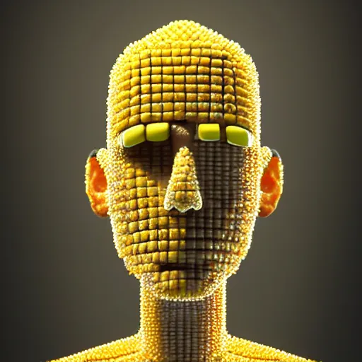 Image similar to Programmer made of corn staring at a computer monitor, face illuminated, hyperrealistic, artstation, 8k, concept art, very detailed, hd, digital painting, shadows, dimly lit, dramatic lighting