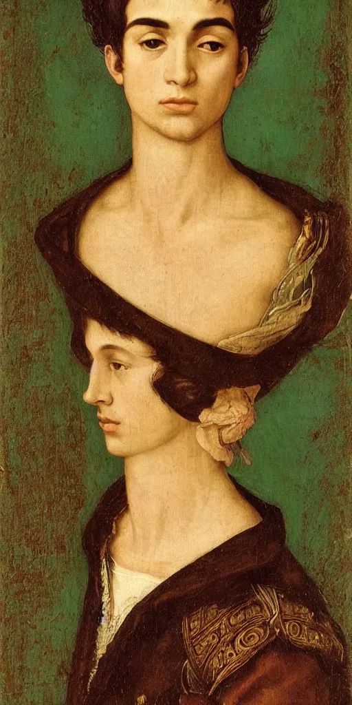 Image similar to a Spanish teenage boy with dark hair and green eyes, sharp jawline with a light beard, done in the style of a renaissance royal portrait