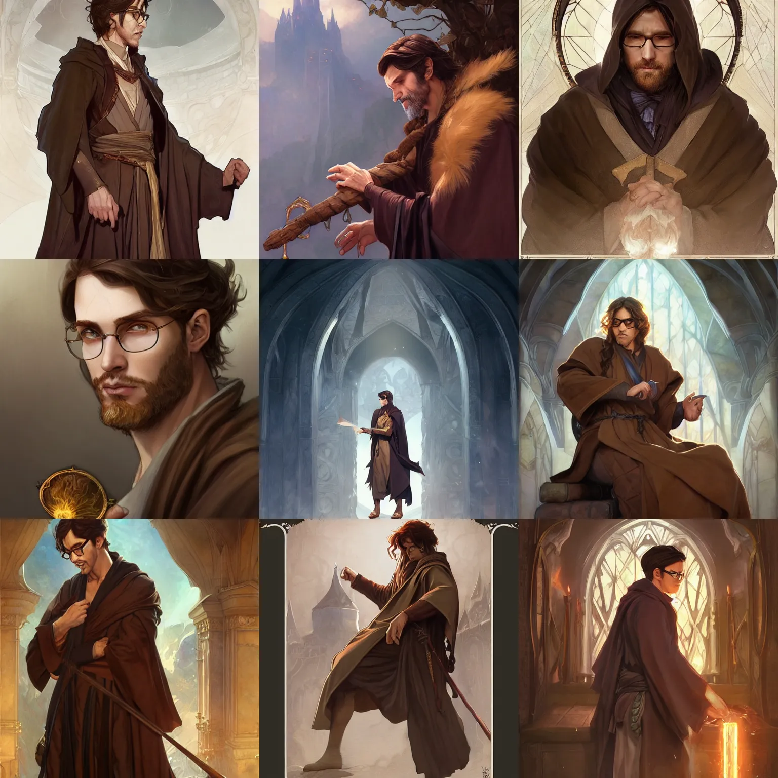 Prompt: male wizard, brown hair, robes, glasses, D&D, fantasy, character portrait, highly detailed, digital painting, concept art, illustration, art by artgerm and greg rutkowski and alphonse mucha