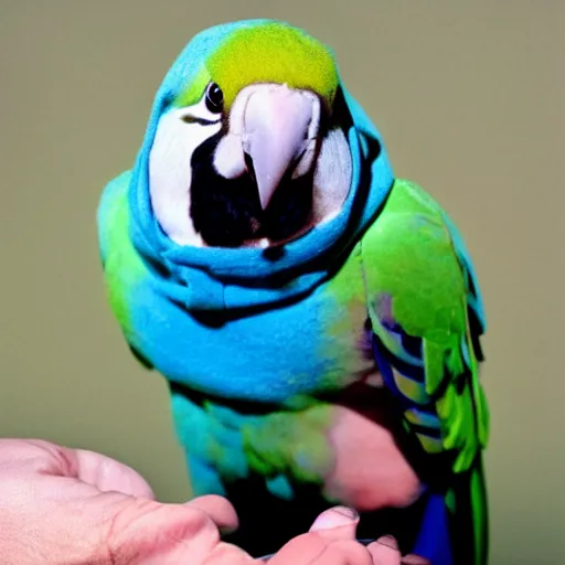 Prompt: a parakeet wearing a hoodie, the hoodie is shaped like winnie the poohs head, photo