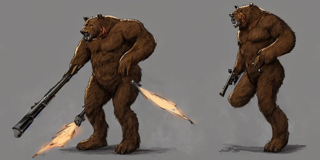 Image similar to Full body concept art of A High fantasy WW1 bear beast-man firing a enchanted heavy shotgun trending on artstation deviantart Pinterest detailed High Resolution HD 8k