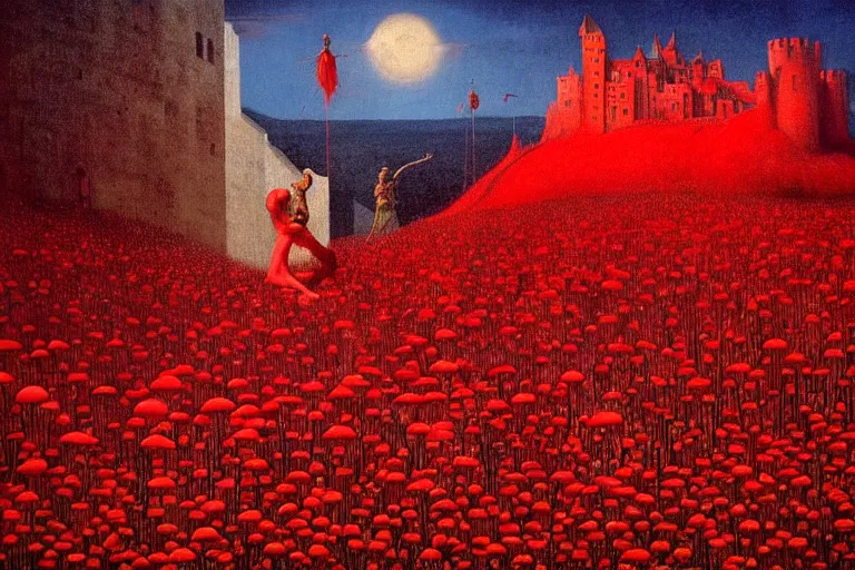 Image similar to only with red, red mushrooms of different types, a red tiger, a castle in the background, medieval demons dance over the flowers, an ancient path, in the style of beksinski, part by hopper, part by rodcenko, part by hofbauer, intricate composition, red by caravaggio, insanely quality, highly detailed, masterpiece, red light, artstation