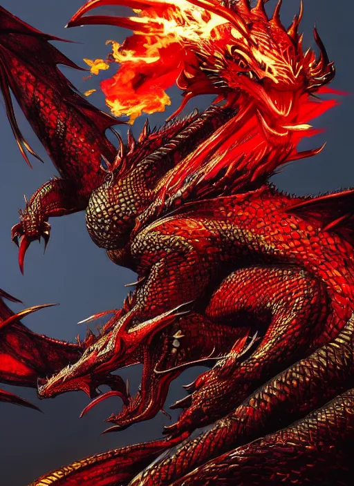Prompt: A dragon with ornate red and gold scales, blue eyes, breathing fire. In style of Yoji Shinkawa and Hyung-tae Kim, trending on ArtStation, dark fantasy, great composition, concept art, highly detailed.