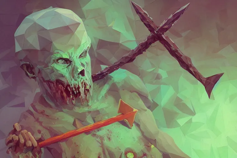 Image similar to low poly painting by greg rutkowski of a drowned zombie holding a trident with glowing cyan eyes, wearing ragged clothing, holding a trident, underwater, pastel green and blue color palette