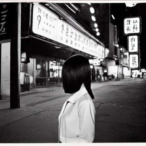 Image similar to a Japanese woman with bangs on a street at night, 1966, 35mm photography, red neon lights