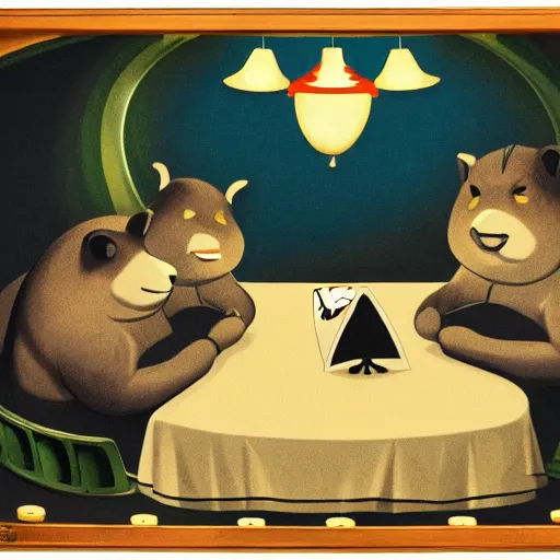 Image similar to fat animals gambling at a table with a single light overhead, dark room, smoke fills the room, roaring 2 0 s american art style