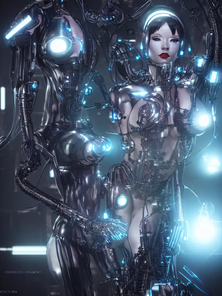 Image similar to cinematic, photography, medium shot, portrait, a beautiful betty page cyborg, perfect chromium bionic body, holographic ui data displays, hud interface, floating power cables, hajime sorayama, h. r. giger, octane rendered, 4 k, lens flare,