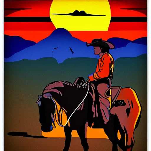 Prompt: cowboy on the range, beautiful New Mexico sunset, cactus, Art Deco, dark deco, award-winning composition, vibrant colors, vivid color, solid coloring, clean lines, clean ink, animated series, by Eric Radomski