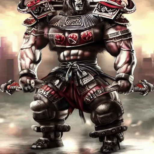 Image similar to very big, very buff, very strong, very muscular huge samurai wearing a oni mask. Cybernetic, cyberpunk, cyber cyber cyberpunk, cyber. movie still hd