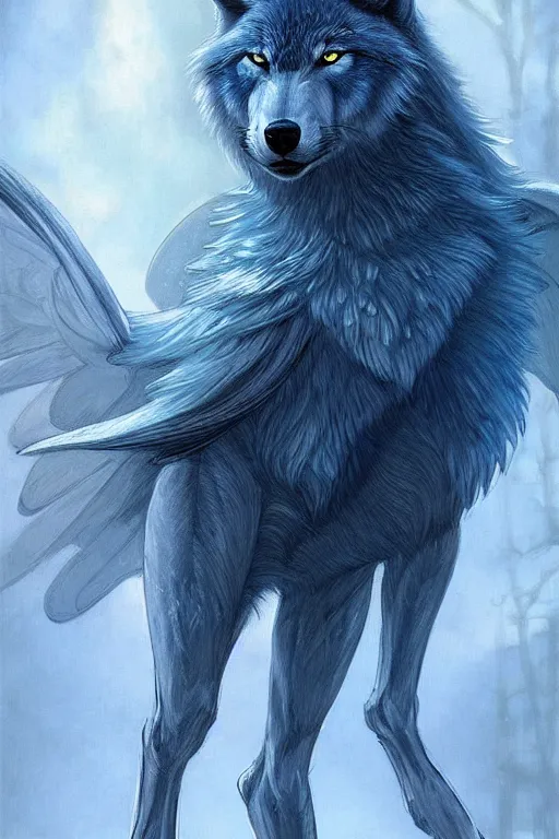 Image similar to blue wolf with wings, facing front, regal, elegant, winter, snow, beautiful, stunning, hd, illustration, epic, d & d, fantasy, intricate, elegant, highly detailed, digital painting, artstation, concept art, smooth, sharp focus, illustration, wallpaper, art by artgerm and greg rutkowski and alphonse mucha and jin xiaodi