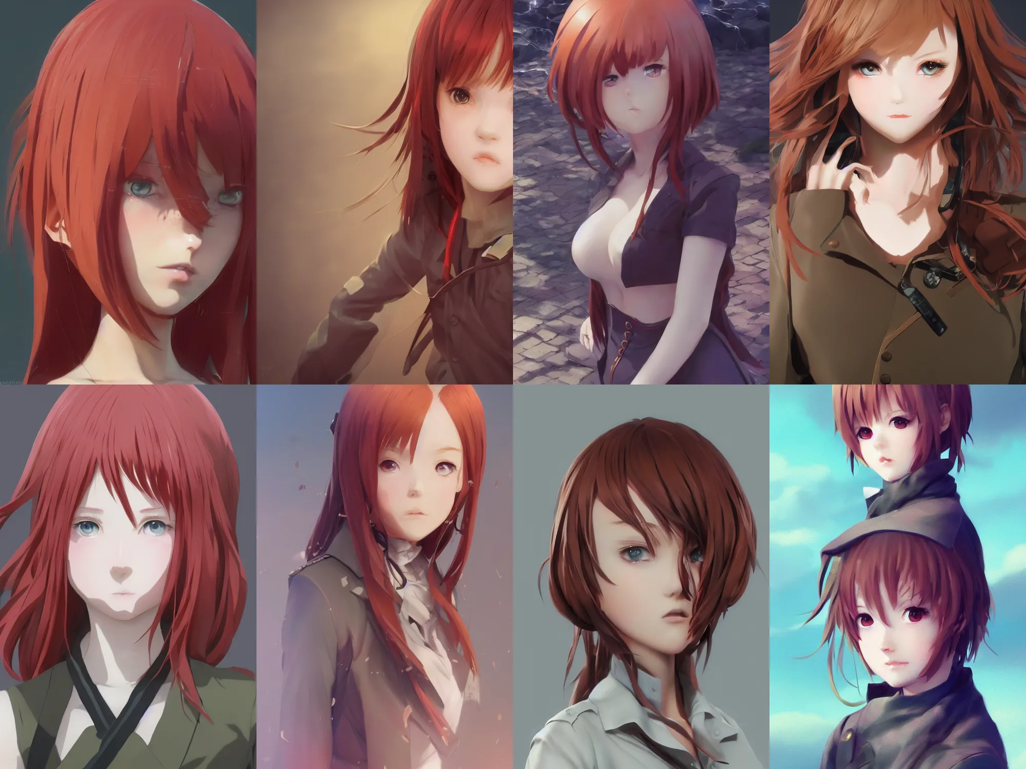 Prompt: Very complicated dynamic composition, realistic anime style at Pixiv CGSociety by WLOP, ilya kuvshinov, krenz cushart, Greg Rutkowski, trending on artstation. Zbrush sculpt colored, Octane render in Maya and Houdini VFX, close-up portrait of young redhead girl in motion, she is frightened, wearing military uniform, silky hair, stunning deep eyes. Very expressive and inspirational. Amazing textured brush strokes. Cinematic dramatic soft volumetric studio lighting