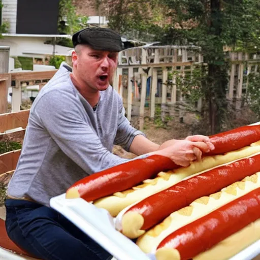 Prompt: man eating a ten foot long hotdog