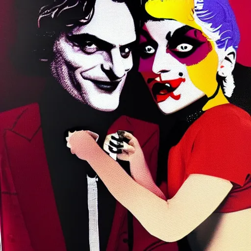 Image similar to mimmo rottela and banksy as joaquin phoenix skinny joker holding hand lady gaga harley queen, photorealistic, intricate details, pop art style, concept art, details object, random object movement, 3 colors, 4 k, 4 d, smooth, sharp focus