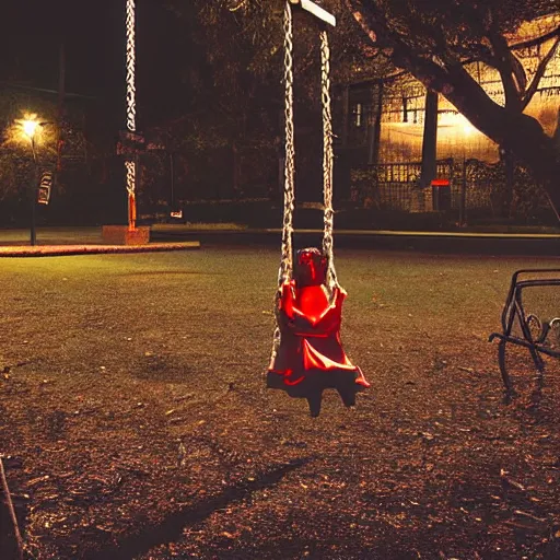 Prompt: a scary doll on a swing at a park, nighttime, real photo, realistic, hyper - realism, maximalist, horror movie, caution tape, illuminated by street lights, knife