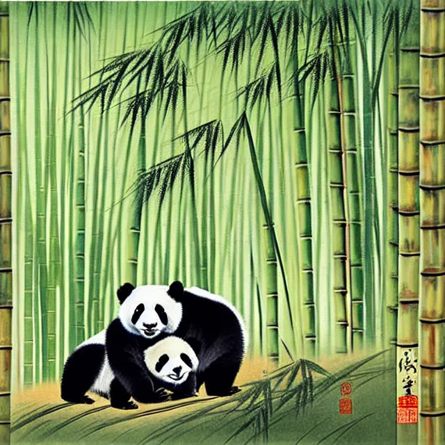 Image similar to a beautiful painting two pandas in the bamboo forest, by zhang daqian painting