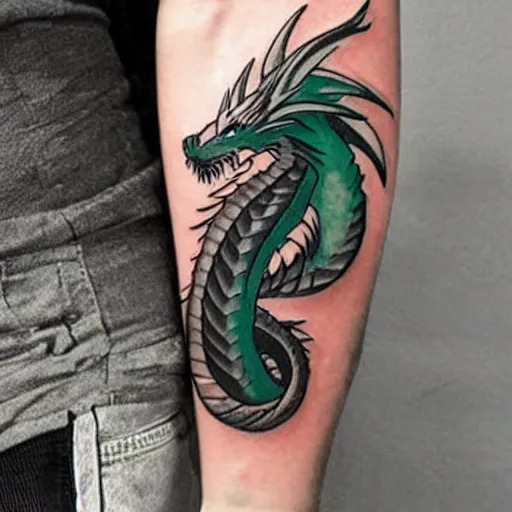 Image similar to simple anime manga full color dragon!! Emerald and obsidian dragon, forearm tattoo, tattoo