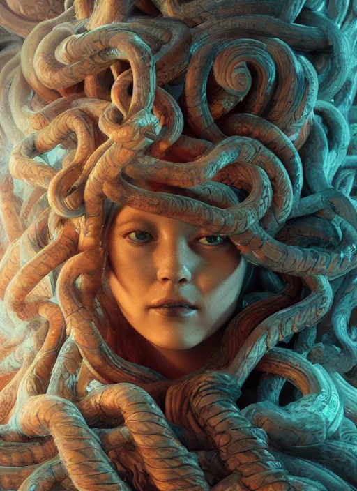 Image similar to medusa made of wax, wooden art nouveau swirls, strong subsurface scattering, cables, tubes, subsurface scattering, in the style of ruan jia and giger, subsurface scattering, mystical colors, rim light, dramatic lighting, 8 k, stunning scene, raytracing, octane render, trending on artstation