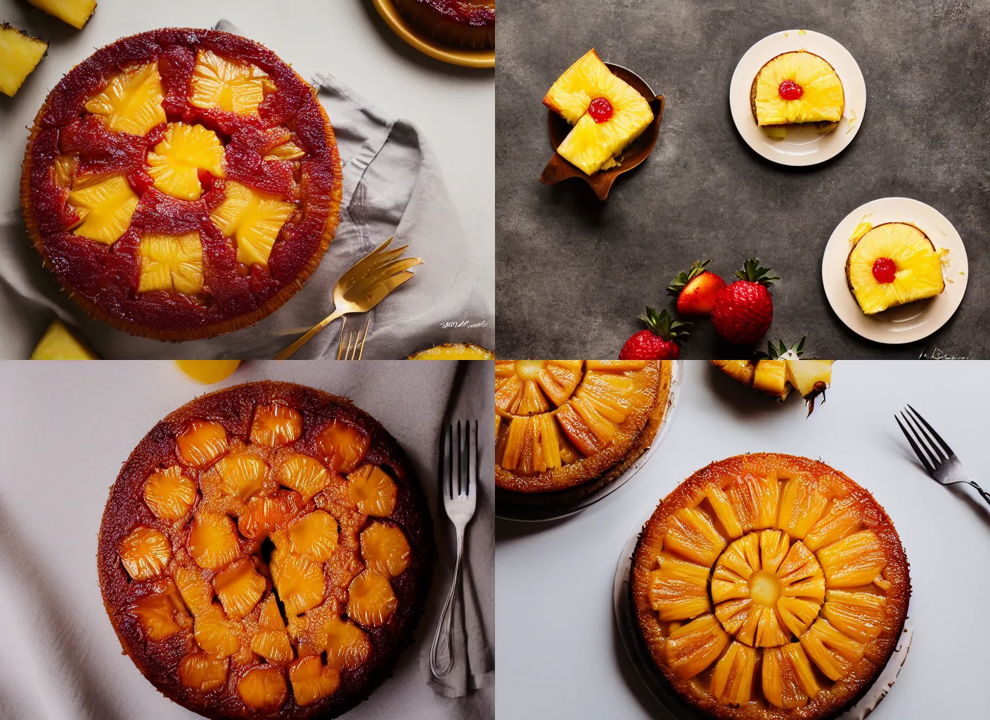 Prompt: pineapple upside down cake, food photography, studio lighting, high contrast, low angle 500px, 35mm