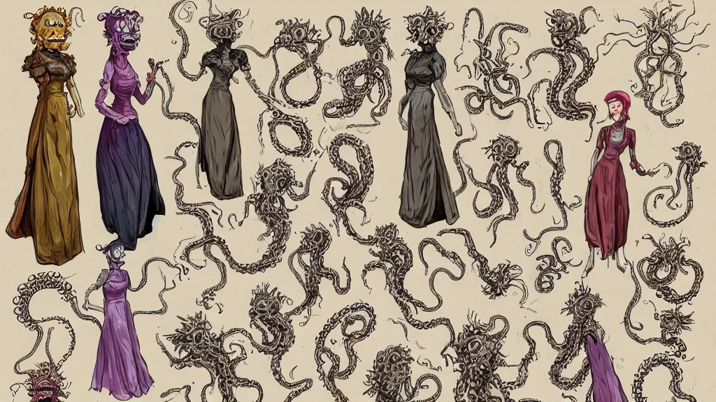 Image similar to aged paper, colorful character sheet for a stocky alien extraterrestrial victorian female servant maid with thick snake - like tentacles instead of hair, long dress with apron, jim henson creature shop, coherent, illustration, digital art, trending on artstation, hd, 8 k, good lighting, beautiful, rough paper, masterpiece