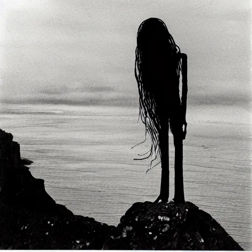 Prompt: A beautiful installation art of a human-like creature with long, stringy hair. The figure has no eyes, only a mouth with long, sharp teeth. The creature is standing on a cliff overlooking a dark, foreboding sea. by Walter Percy Day, by Norman Ackroyd balmy