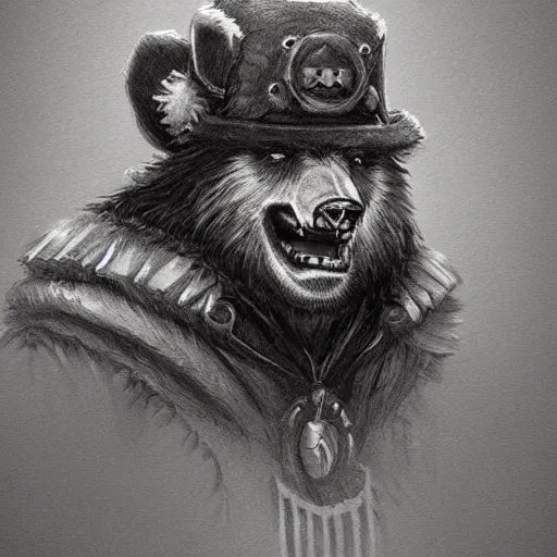 Image similar to dashing charming grinning charismatic bear beast-man rogue, wearing captain's tricorne hat, naval background, amazing, lifelike award winning pencil illustration trending on art station artgerm Greg rutkowski cinematic