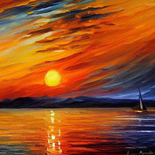 Prompt: sunset on the lake, by leonid afremov