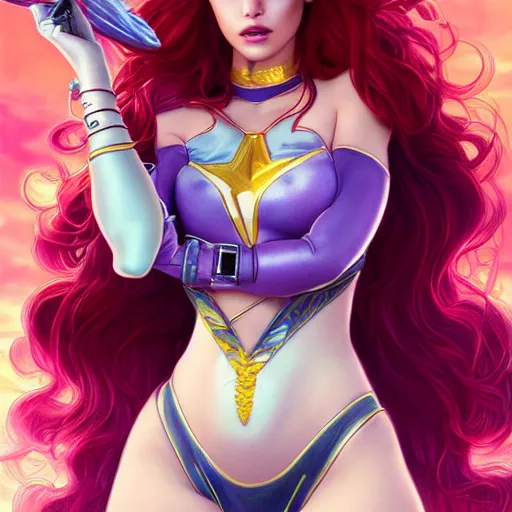 Image similar to ultra realistic illustration, bella thorne as starfire anime, intricate, elegant, highly detailed, digital painting, artstation, concept art, smooth, sharp focus, illustration, art by artgerm and greg rutkowski and alphonse mucha and wlop