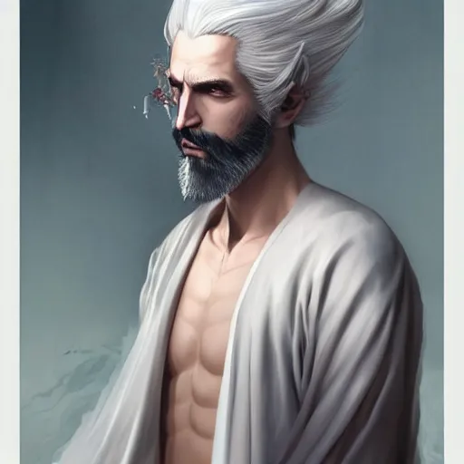 Prompt: white haired robe fu xi full male body portrait, very long white beard and hair, fine delicate prefect face features gaze, aerith gainsborough, elegant, smooth, sharp focus, masterpiece, style of tom bagshaw, cedric peyravernay, peter mohrbacher, victo ngai, pinterest, 4 k hd illustrative wallpaper, animation style, chinese style