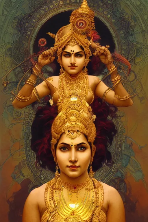 Image similar to a indian women god with eight hand gold color, concept art, art station, digital yellow red sun, smooth, sharp focus, illustration, art by Yoshitaka Amano, artgerm and greg rutkowski and alphonse mucha and william-adolphe bouguereau