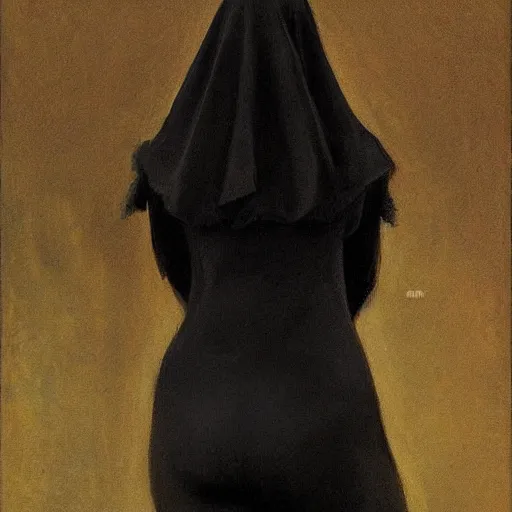 Prompt: Back view of the grim reaper as a beautiful woman, thin black lingerie, classy, elegant, vintage shading, award winning, by Ilya Repin, deviant art