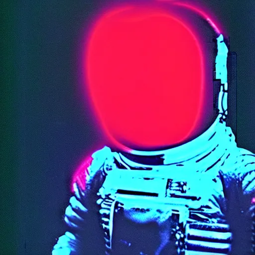 Prompt: astronaut with a neon glowing skull, 1 9 6 0 s, color bleed, video compression, video glitch, stanley kubrick