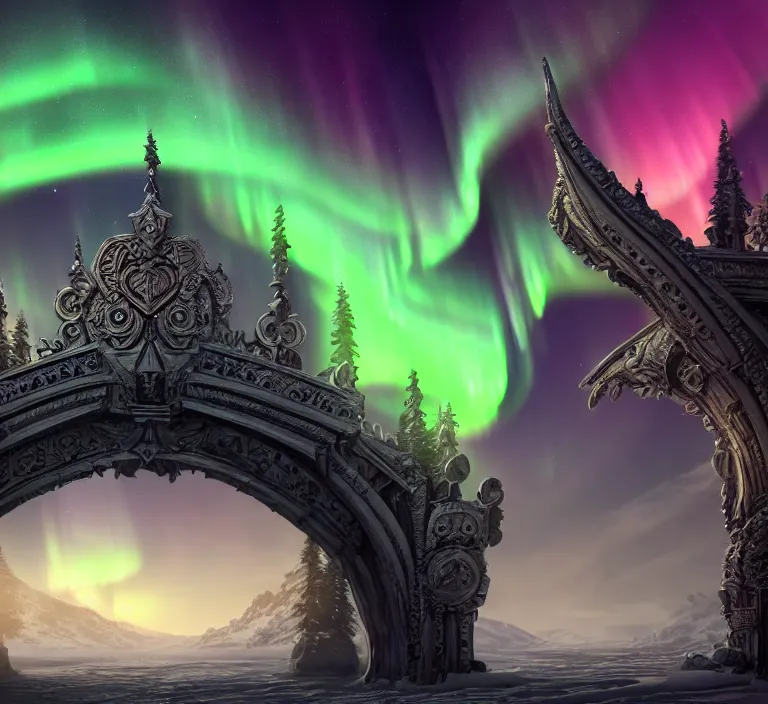 Prompt: a very detailed concept art of intricate and epic gates to aurora borealis, trending on artstation, symmetry, digital art, 4 k, hyper realistic, octane render, sharp focus