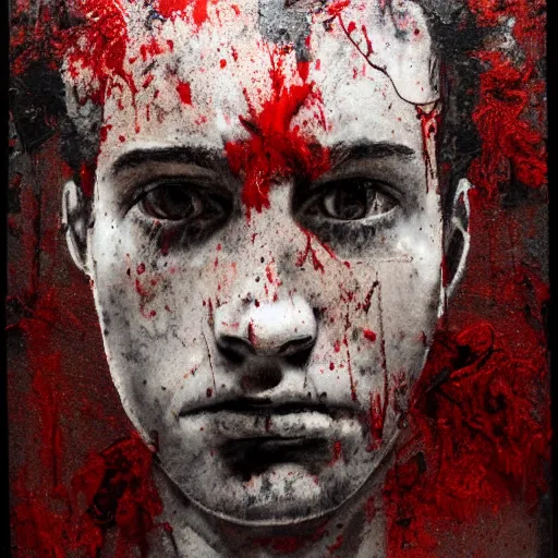 Image similar to matte portrait of a depressed young man covered in dirt and blood, by Antony Micallef by Camille Rose Garcia