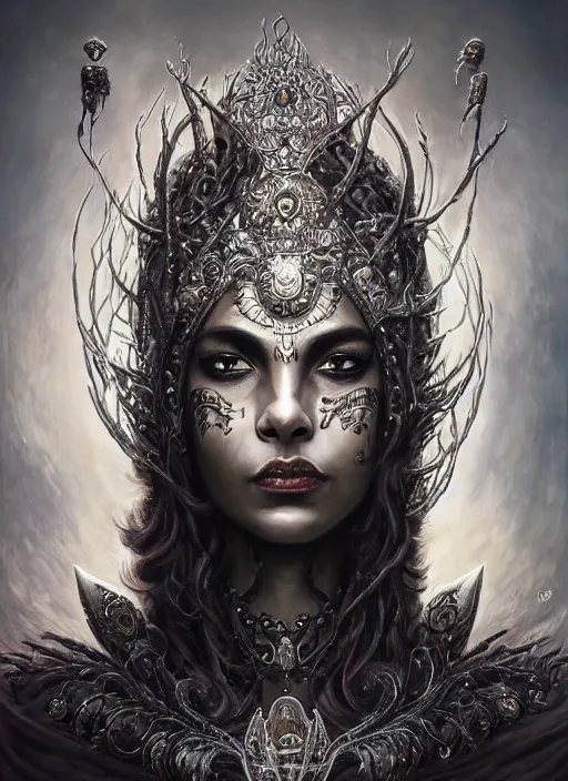 Image similar to full portrait of queen of the third eye, black metal shiny skin. intricate, elegant, highly detailed, centered, digital painting, artstation, concept art, smooth, sharp focus, illustration, artgerm, tomasz alen kopera, peter mohrbacher, donato giancola, joseph christian leyendecker, wlop, frank frazetta