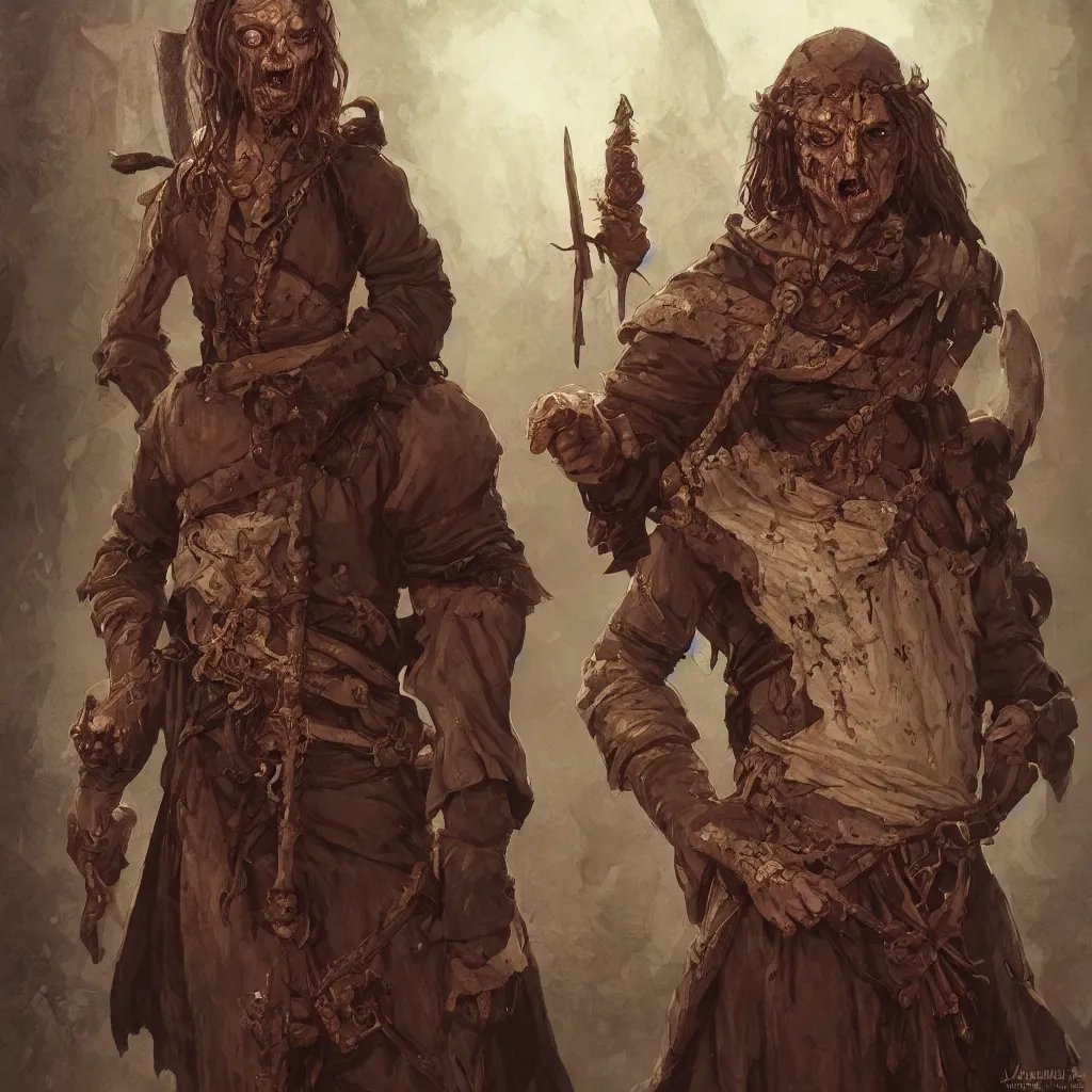 Image similar to medieval zombie peasant, D&D character, highly detailed, digital fantasy character, painted portrait, artstation, concept art, hard focus, illustration, art by artgerm and greg rutkowski and Alphonse Mucha and Craig Mullins, James Jean, Andrey Ryabovichev, Mark Simonetti and Peter Morbacher