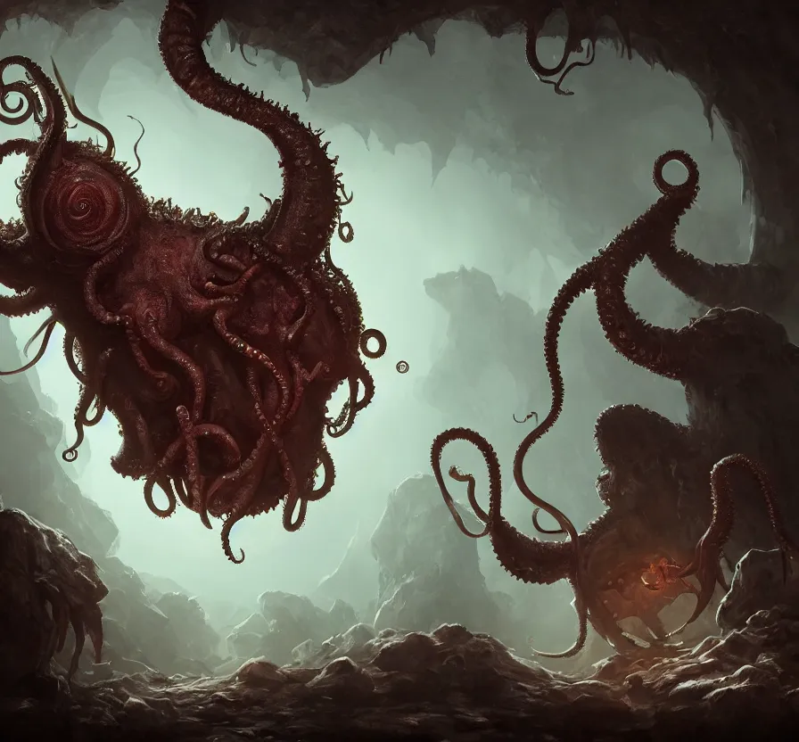 Image similar to beholder + d & d + tentacles + creature in dark cave, hd, hdr, ue 5, ue 6, unreal engine 5, cinematic 4 k wallpaper, 8 k, ultra detailed, by popular digital, artstation