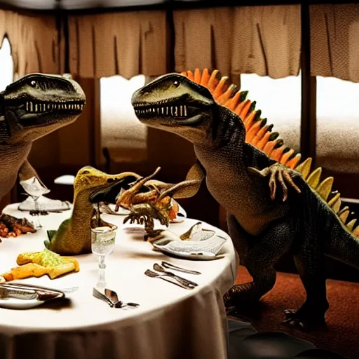 Image similar to dinosaurs dinning at a fancy restaurant