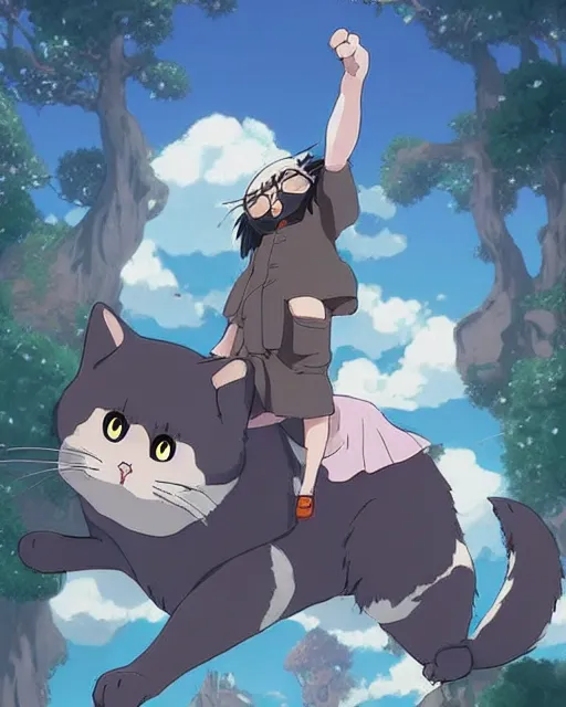 Image similar to fat otaku on the giant cat, funny comic panels, graphic art, rgba, 8 k hd resolution, pinterest, dynamic character, 8 k character details, concept art, 8 k ultra realistic, intricate details, ultra detailed, reduce character duplication, in style of hayao miyazaki