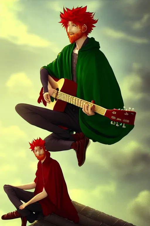 Prompt: dreamy red haired man character with a guitar in his hand, sitting on a roof top in a nice green cloak, very artistic pose, background in blurred, perfect lighting. professional design. great composition, illustration, highly detailed, digital painting, concept art, trending on artstation, by katsuya terada