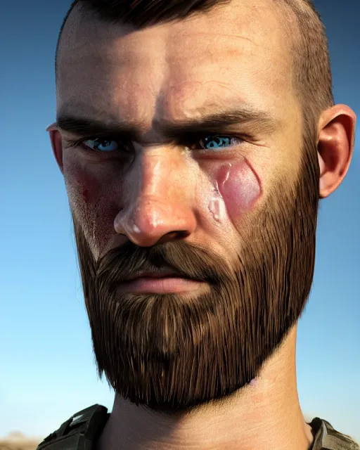 Image similar to portrait of muscular, tired and alcoholic 3 0 - year - old grieving man with short darkblonde hair, serious sad look in his eyes, looking down, dirty beard, blue eyes, crying tears, wearing dirty soldier uniform, on the desert, sad atmosphere, hyper realistic face, character art, art by mark brooks, cryengine, trending on artstation, digital art
