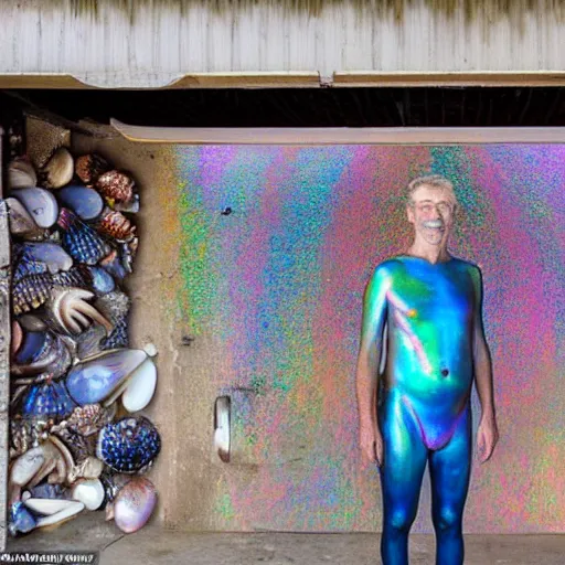 Image similar to a human standing in his garage, he is covered with iridescent bodypaint, shells and barnacles