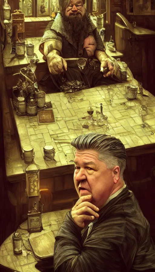 Image similar to david lynch as fat drunk tavern owner, fame of thrones, warhammer, fibonacci, sweat drops, intricate fashion clothing, insane, intricate, highly detailed, surrealistic, digital painting, artstation, concept art, smooth, sharp focus, illustration, unreal engine 5, 8 k, art by artgerm and greg rutkowski and alphonse mucha