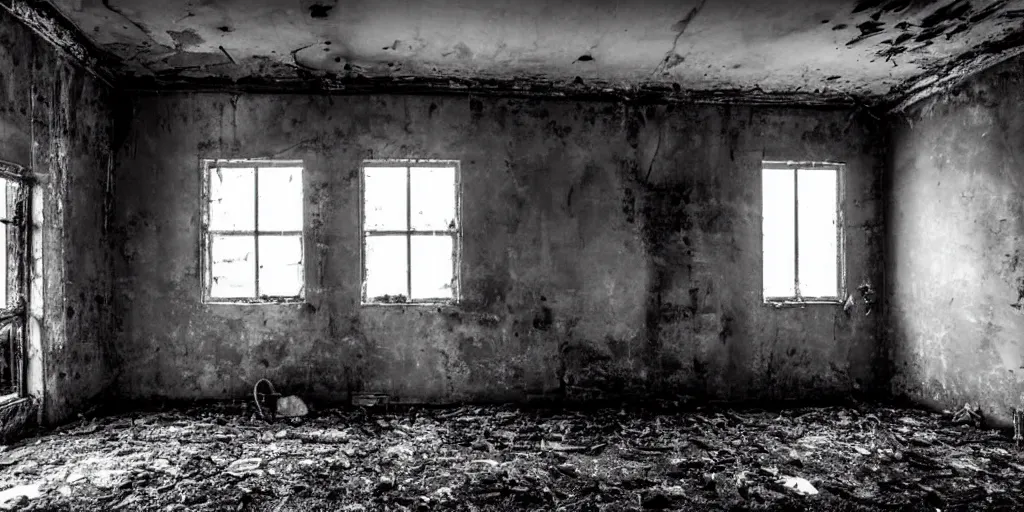 Image similar to a very dark room at night in a derelict house with no windows lit only by candlelight, black and white, grungy