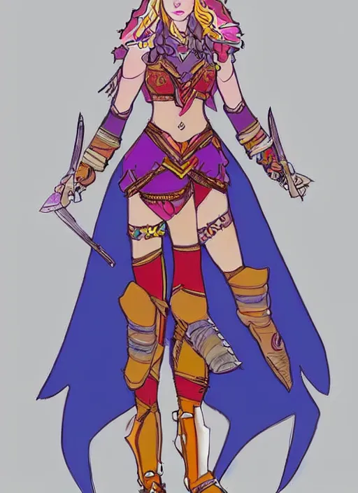 Image similar to a full body concept art of a warrior princess in colorful clothing