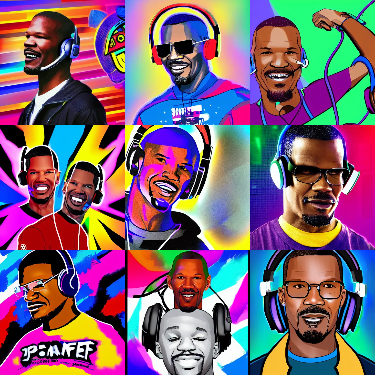 Prompt: a cartoon drawing of jamie foxx as an esports gamer, eearing a headset, colorful, digital art, portrait, by jazza