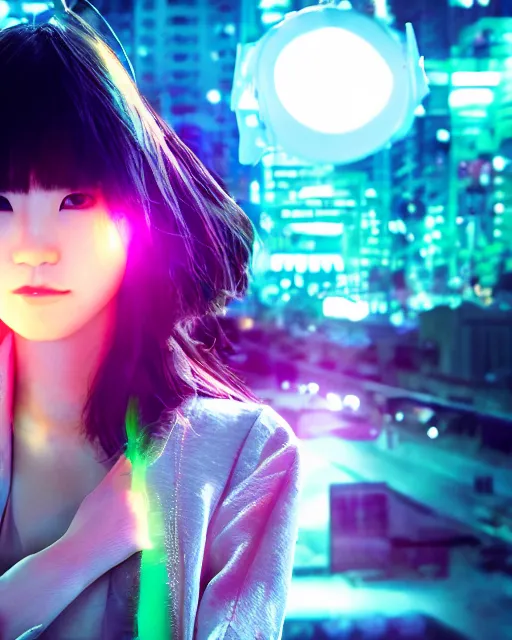 Image similar to beautiful centered photo of korean girl as a solarpunk cyborg with white mechanical parts and implanted bright neon lamps, treading above calm water, ultra - realistic and detailed, sun lit, white background, bokeh, soft focus, slow exposure hdr 8 k