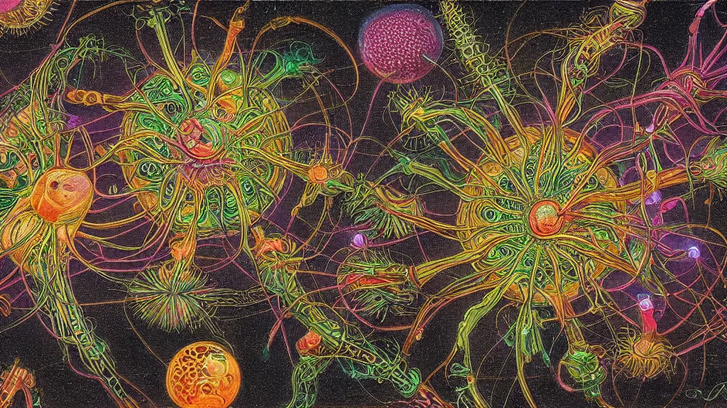 Image similar to quantum connections represented as symbiotic organisms like cells playing around with colorful lights by ernst haeckel, lightfull