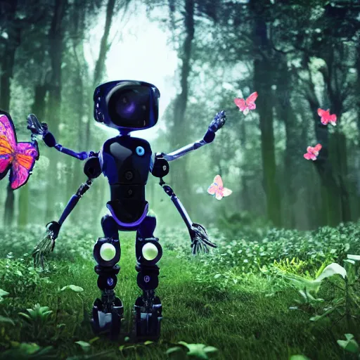 Prompt: incredible And fantastic android Robot boy trying to touch a butterfly in the forest and the animals around him surround him, with a beautiful aura in the atmosphere, hyper realistic with many details, cinematographic, Octane Renderizado, unreal engine 5, cinema4D