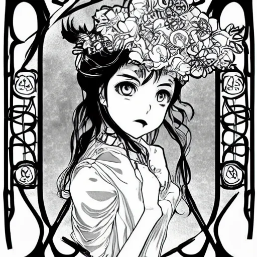 Image similar to anime manga skull portrait young woman hair floral crown balloons clouds fairytale comic skeleton illustration style by Alphonse Mucha warhol pop art nouveau